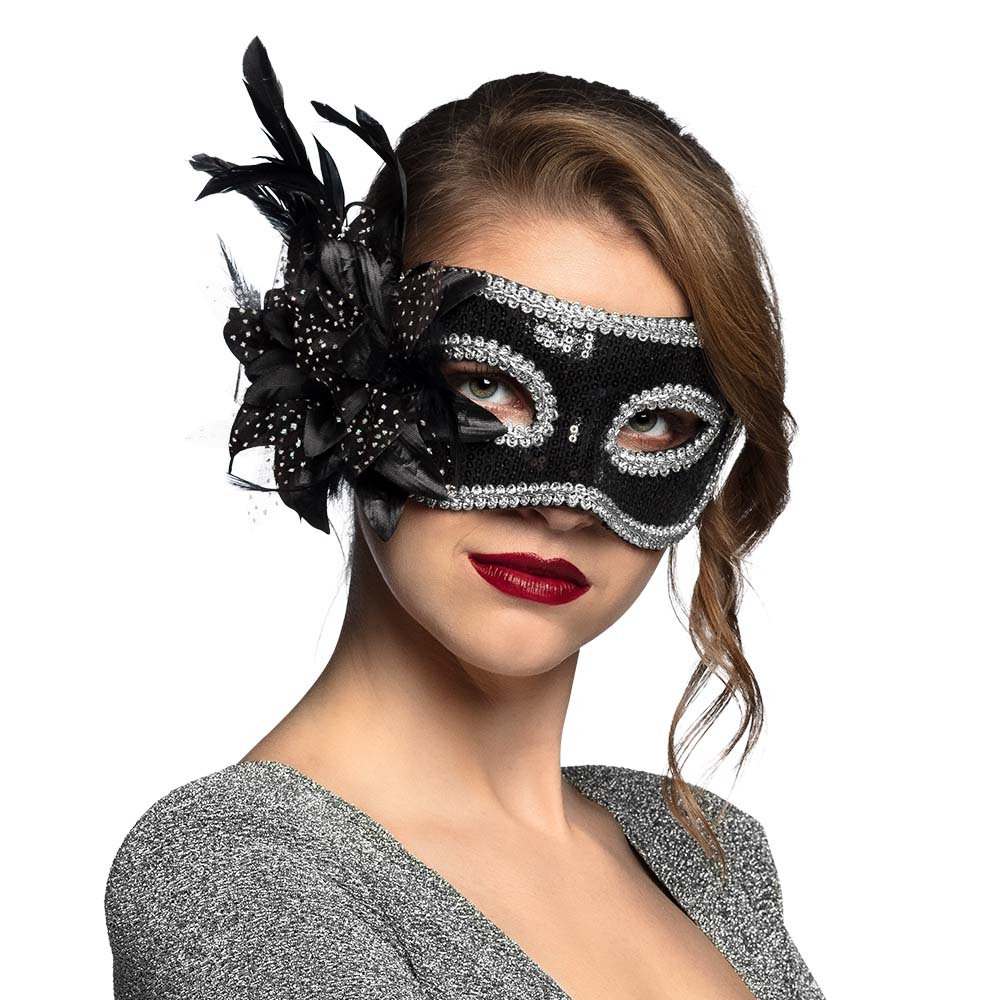 Black Venice fiore masquerade mask for women, adorned with cock feathers and crafted from polystyrene, PET, polyester, and elastane, elegant adult costume accessory.