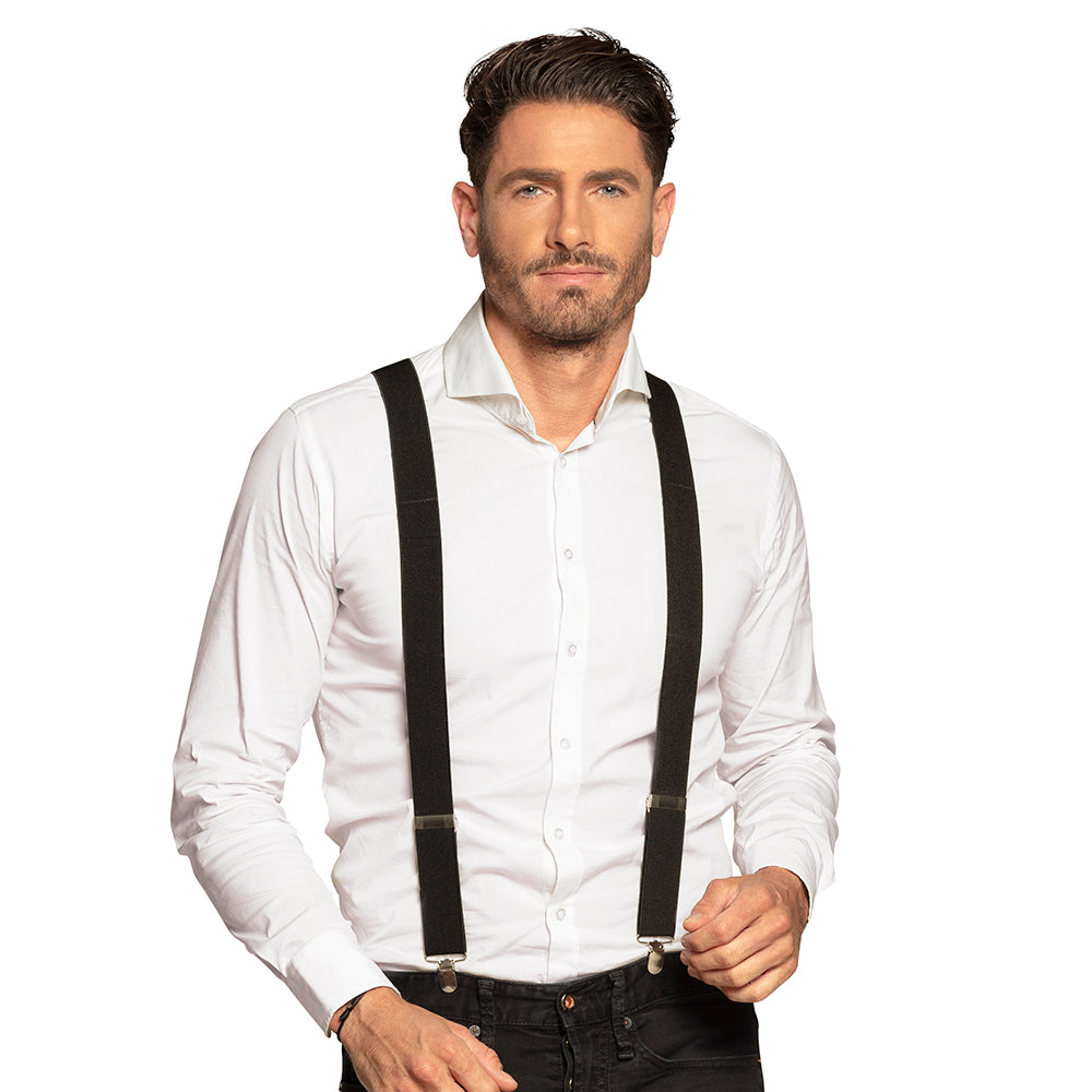 Black basic suspenders for adults with metal clips, adjustable up to 100cm, made of polyester, elastane, iron, and polyurethane, suitable for men and women.