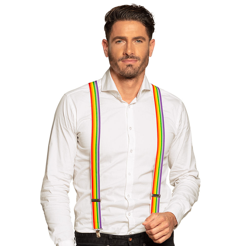 Rainbow suspenders for adults with metal clips, adjustable up to 100cm, 3.5cm wide, made of polyester, elastane, polyurethane, and iron, suitable for men and women.