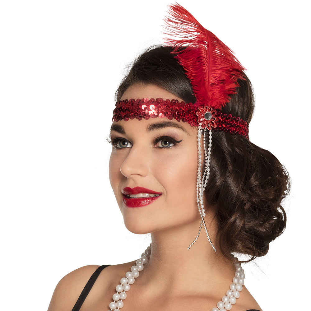 Red 1920s flapper headband for women featuring elastic design, ostrich feathers, and decorative materials, perfect for adult vintage costume or Gatsby party accessory.