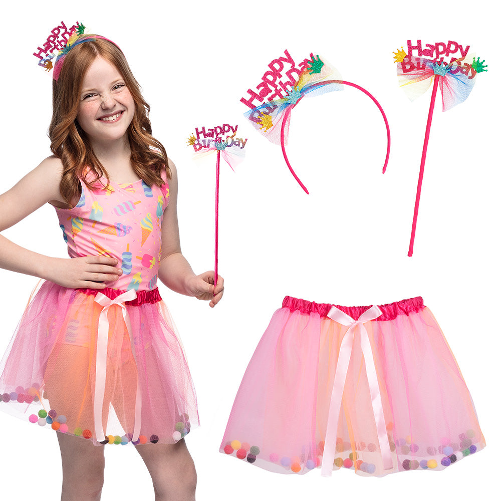 Fairy birthday set for girls featuring a pink tutu, tiara, and wand, perfect for children's party dress-up and accessories.