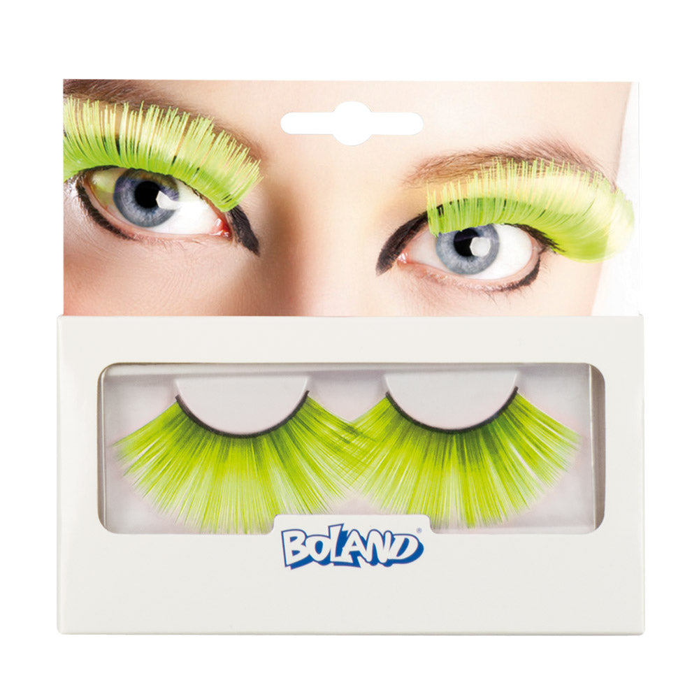 Pair of XL neon yellow false eyelashes for women, made from 100% polyvinyl chloride, packaged in a box, ideal for adults seeking bold eye makeup.