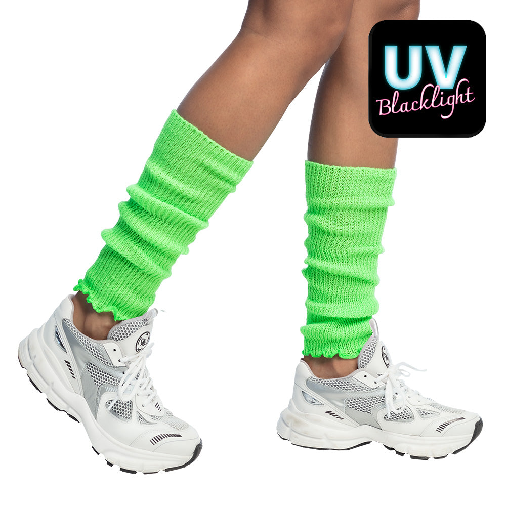 Pair of neon green leg warmers for women, 100% polyester, 80s disco style, adult size, displayed on hanging card.