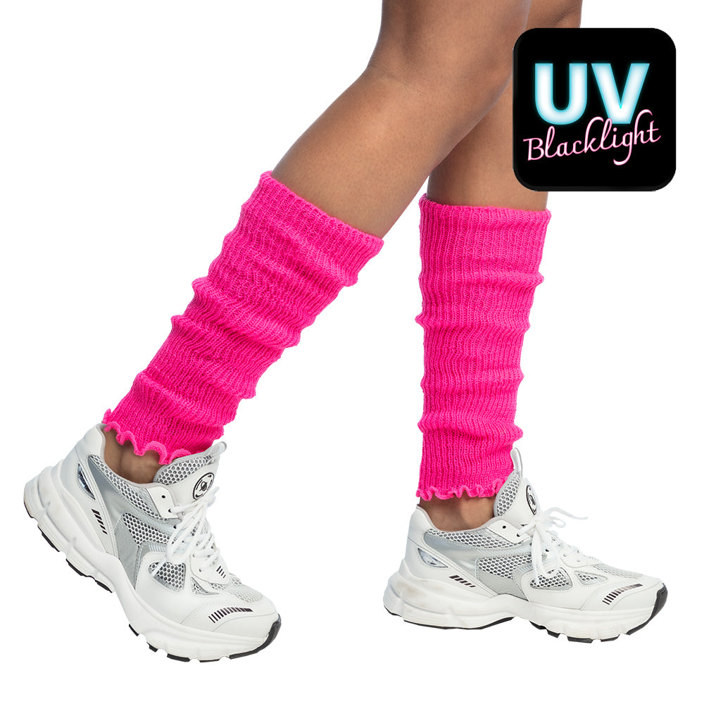 Pair of neon pink UV leg warmers for women, 100% polyester, 80s disco style, adult size, displayed on hanging card packaging.