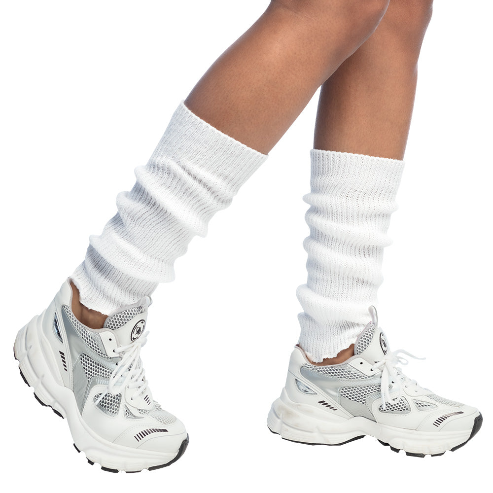 Pair of basic white leg warmers for women, adult size, made from 100% polyester, displayed on a hanging card, ideal for 90s old school style.