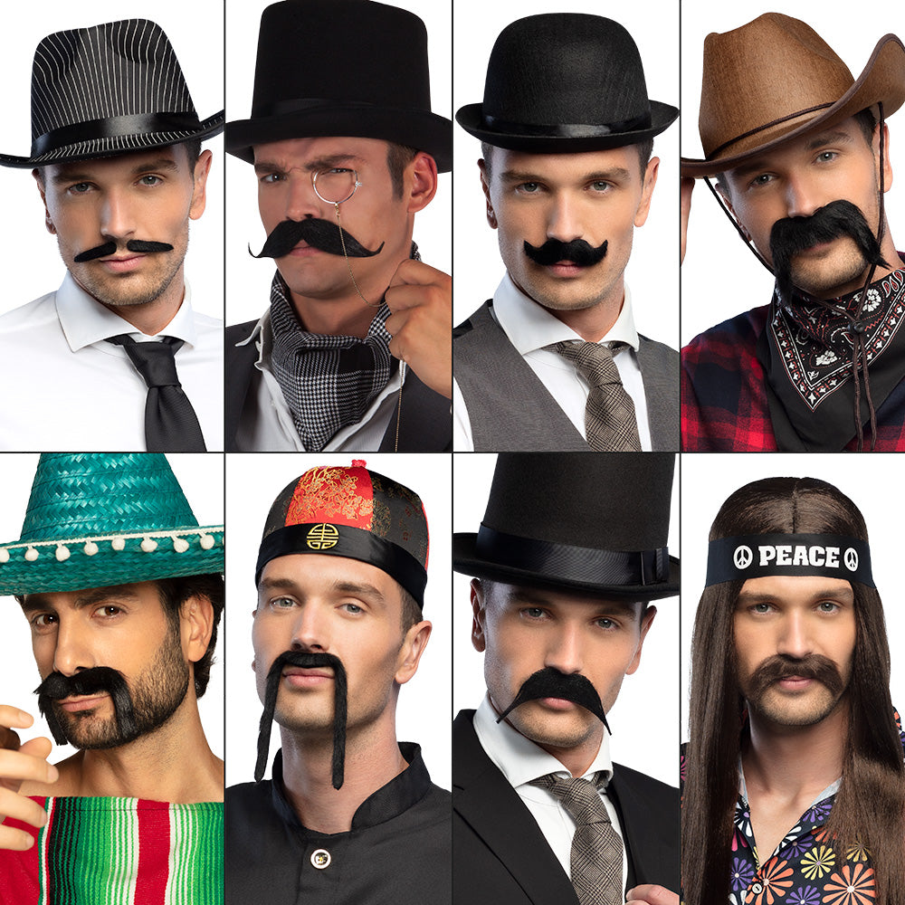 Set of eight character mustaches for men, made of 100% polyester, ideal costume accessory for adults, displayed on insert card packaging.