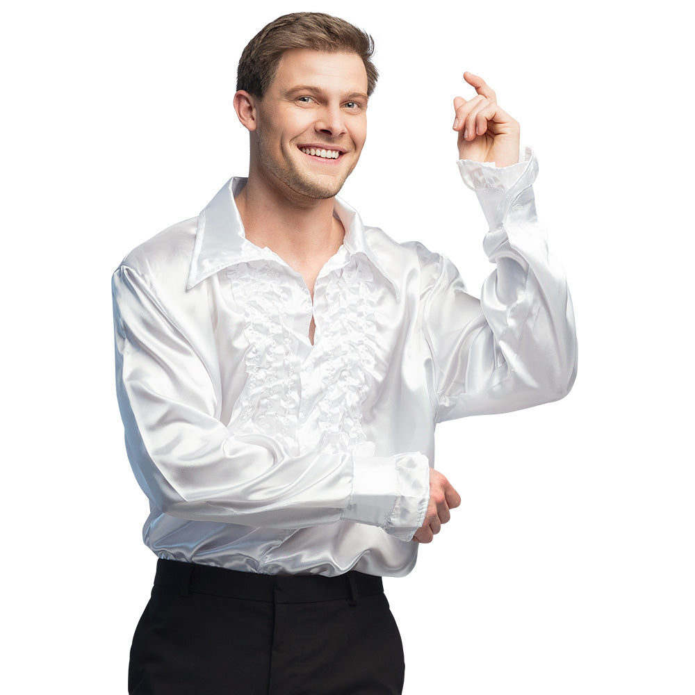 White party shirt for men in XXL size, 100% polyester, 80s disco style, displayed on hanger.
