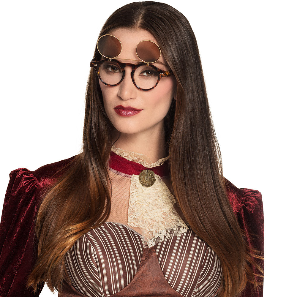 Vintage steampunk party goggles for adults, featuring flip-up lenses and a mix of polycarbonate, polymethyl methacrylate, and copper materials, ideal for men and women.