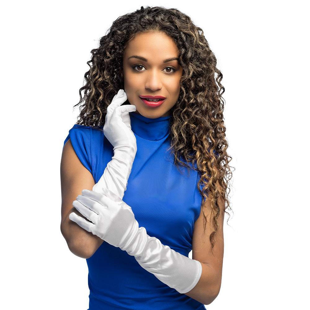 White satin Monte Carlo elbow-length gloves for women, 38 cm long, made of 100% polyester, elegant formal accessory for adults.
