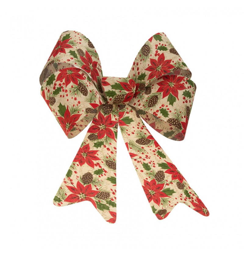 The image shows a decorative bow made of jute fabric, featuring a festive poinsettia pattern in red and green, suitable for holiday or Christmas-themed parties.