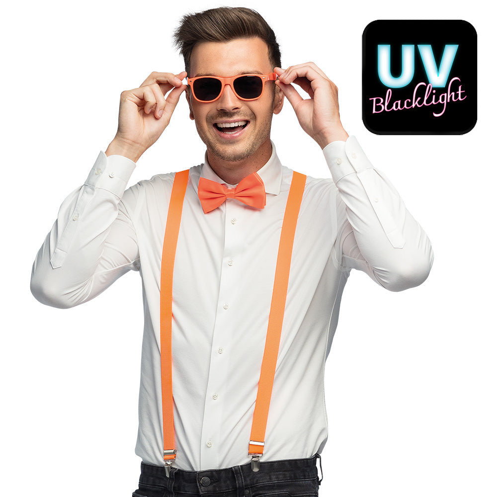 Neon orange party accessory set featuring UV-reactive suspenders, bow tie, and glasses for adults, perfect for themed events and celebrations.