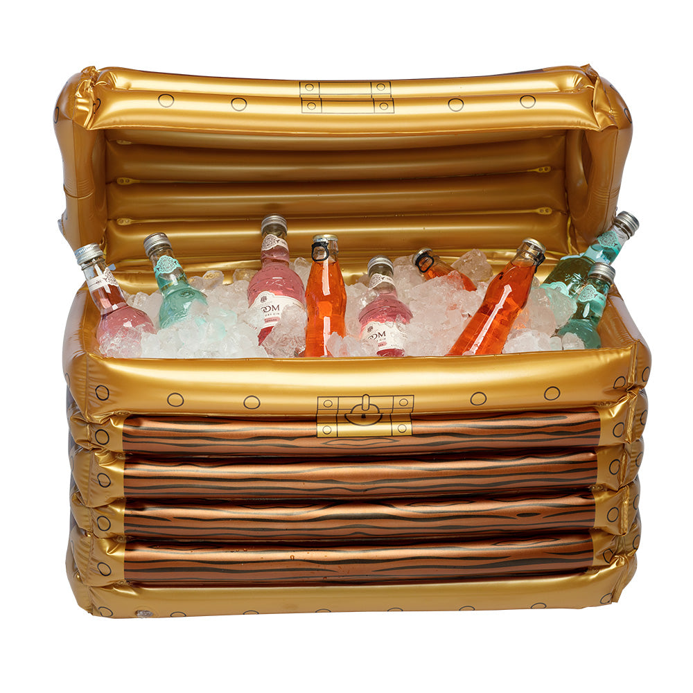 Inflatable cooler with a festive pirate treasure chest