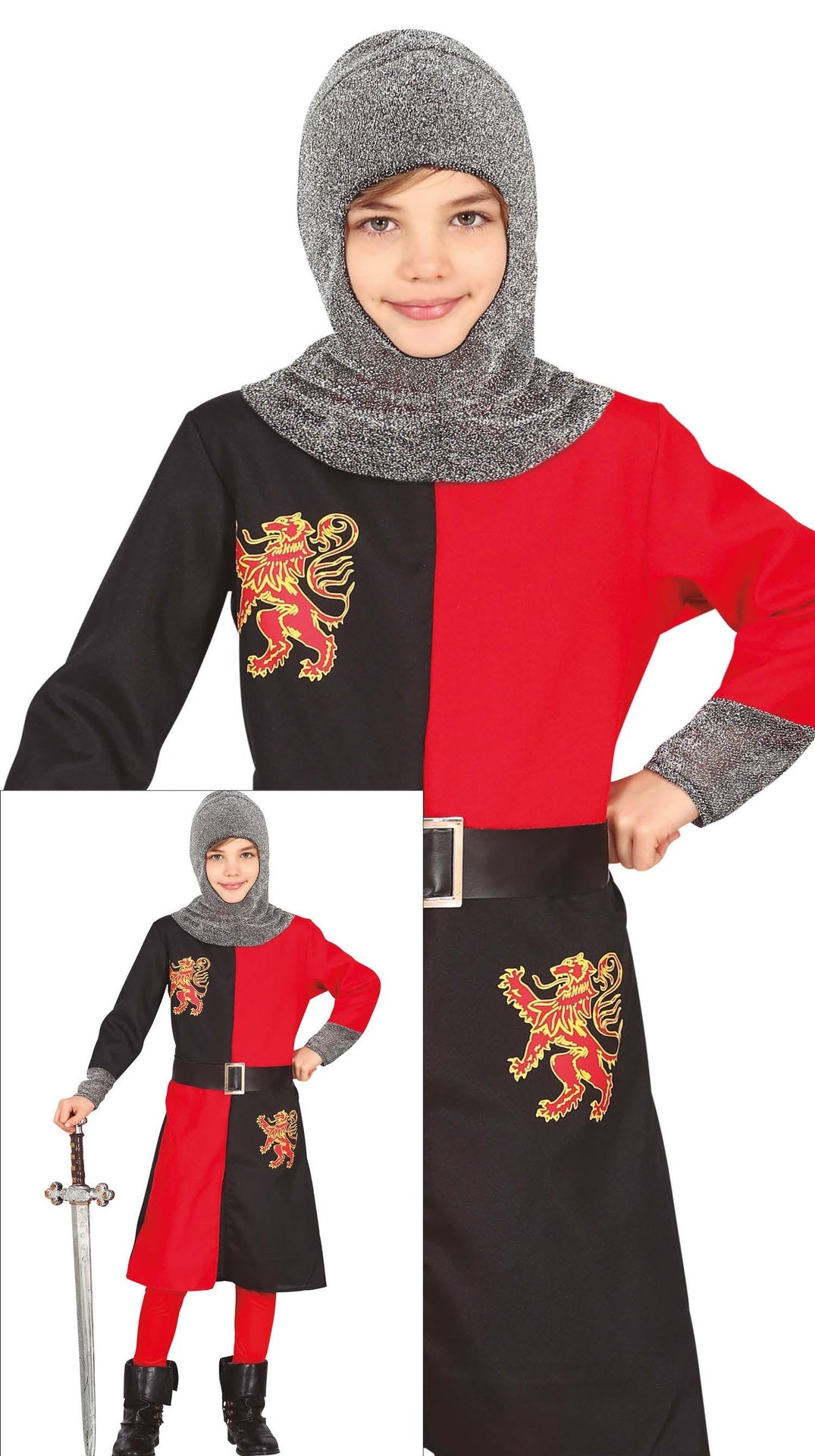 Red and black medieval knight costume for children aged 7-9