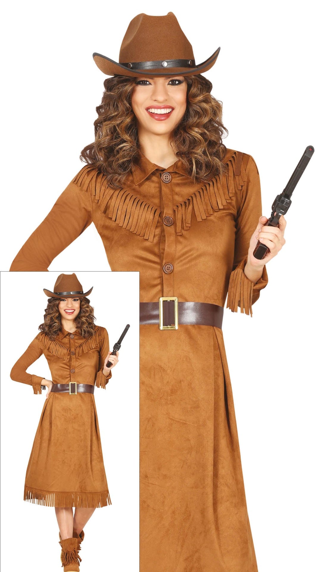 Adult cowgirl costume, brown polyester, size 42-44