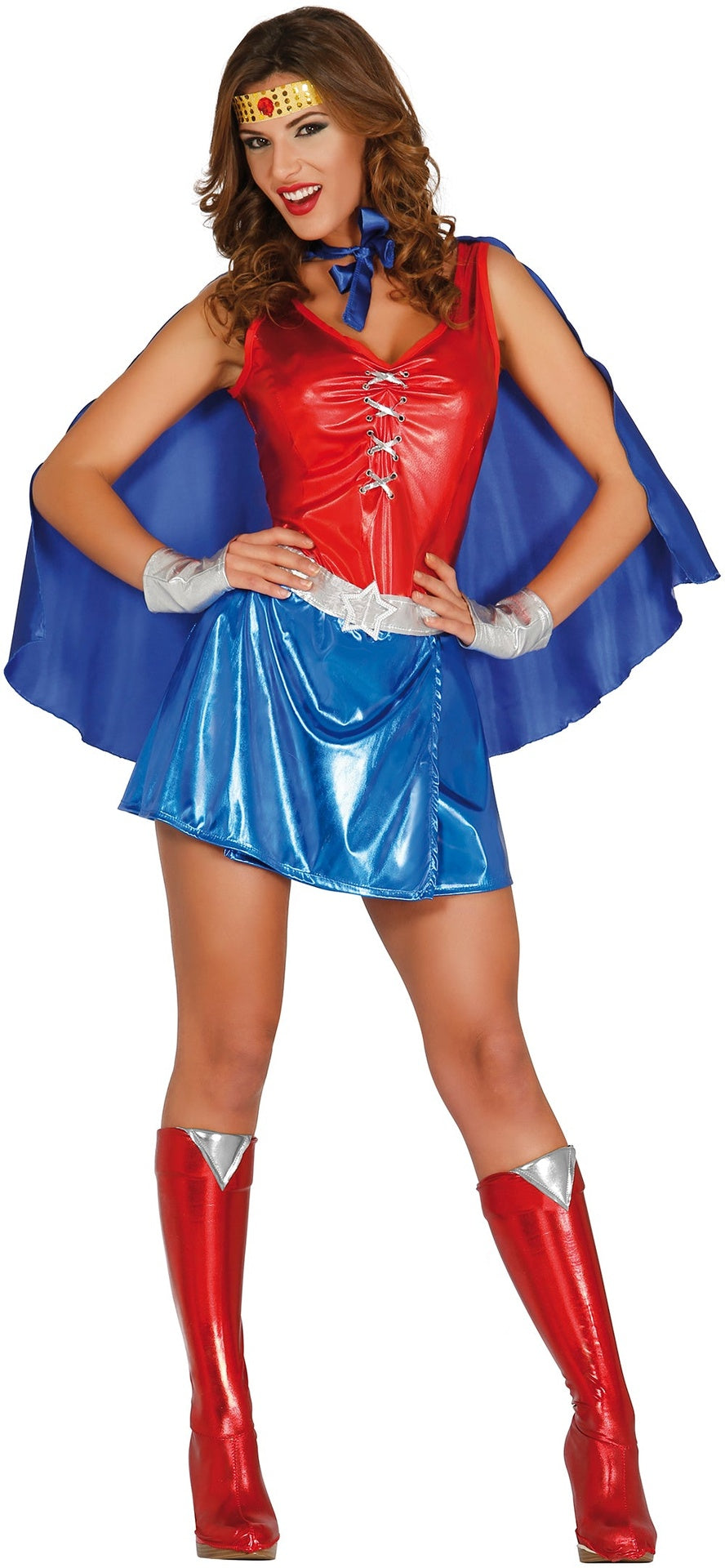 Power Woman Damenkostüm - Umhang, Stirnband, Gürtel und Kleid