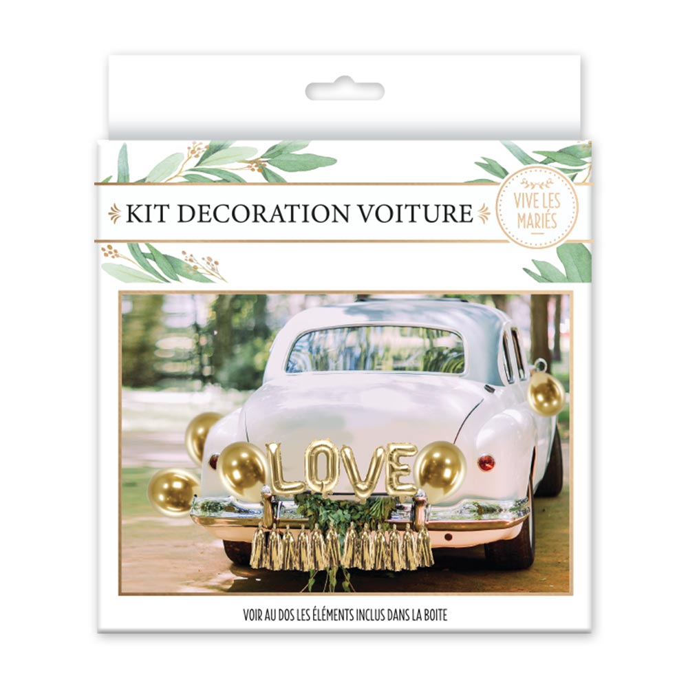 Hochzeitsauto-Deko-Set – LOVE-Girlande und goldene Ballons