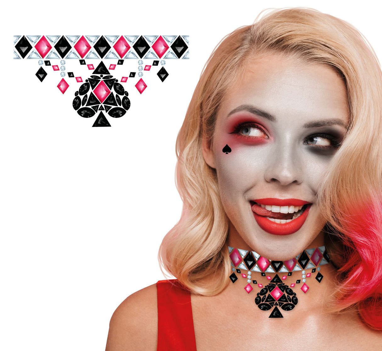 Dangerous Girl resin choker necklace in black and red for women, Halloween superhero and animation themed face jewelry accessory.