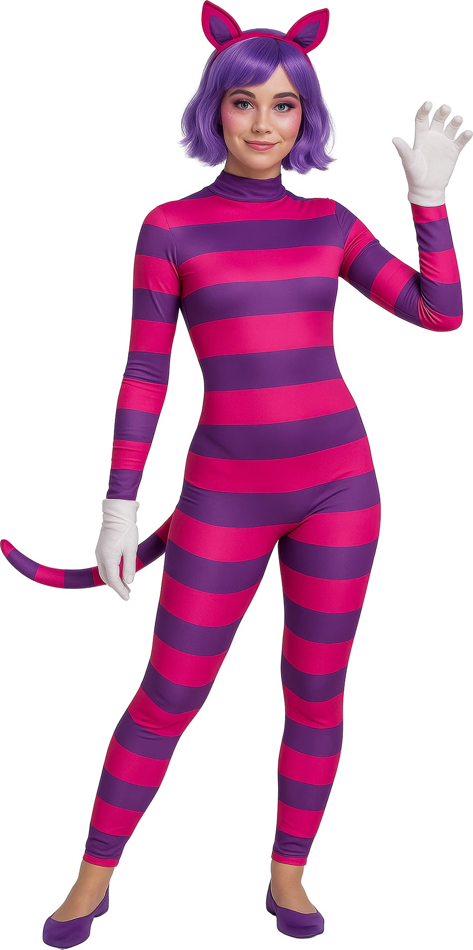 Déguisement Chat Souriant Rayé Rose et Lilas Adulte Femme – Halloween