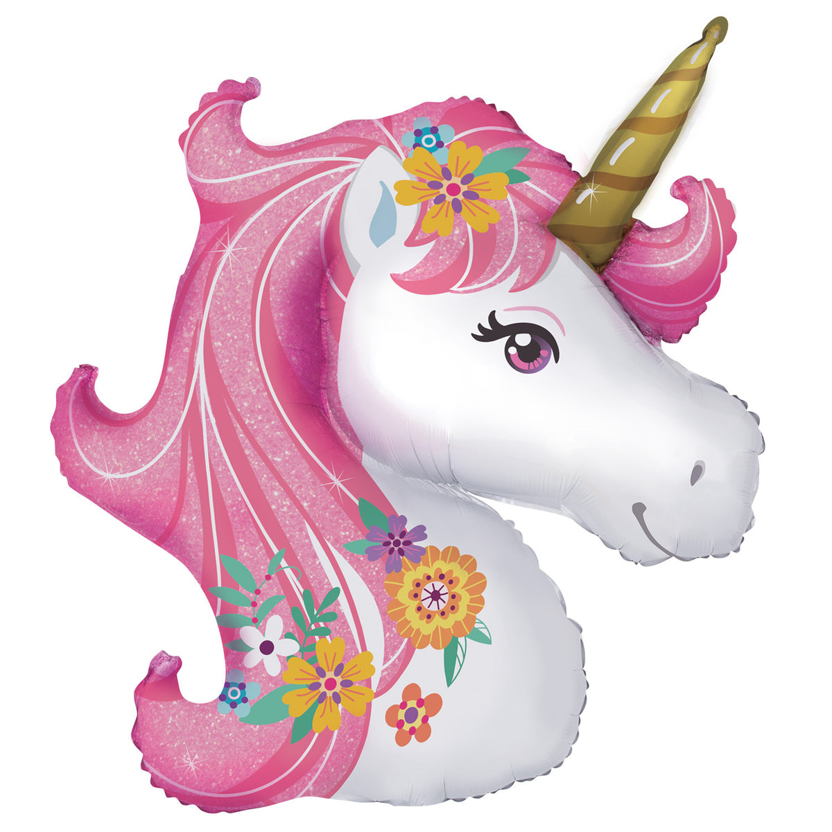 Ballon Hélium Licorne Magique Rose et Fleurs Grande Tête – Anniversaire