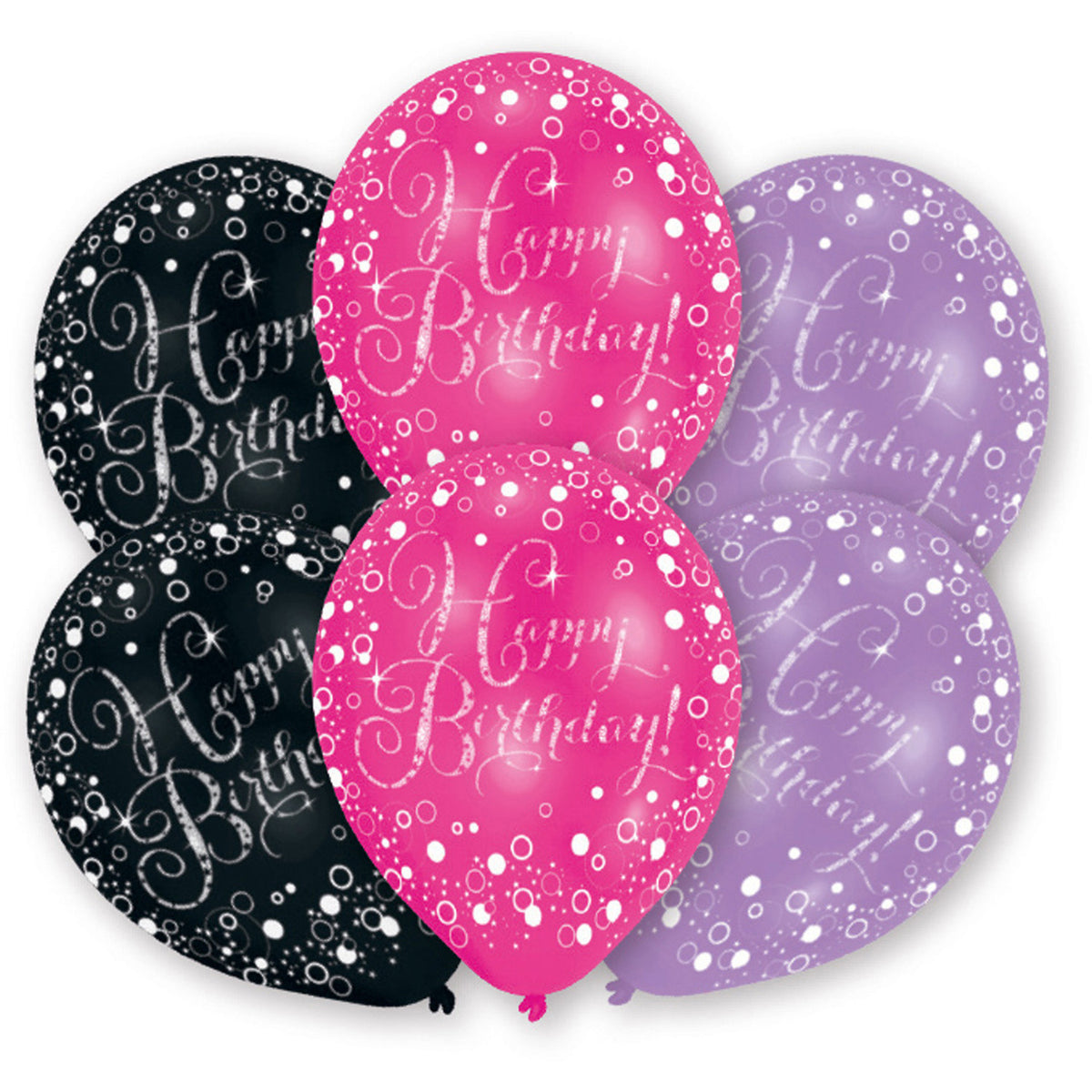 Ballons Latex Happy Birthday Pailletés x6 – Anniversaire Rose, Violet et Noir