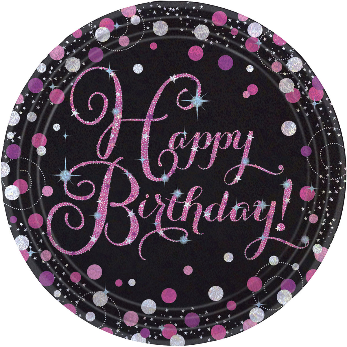 Assiettes Happy Birthday Noir et Rose Pailleté 23 cm – Anniversaire Ado et Adulte
