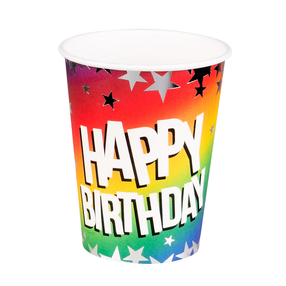 Set of 10 rainbow paper cups with "Happy Birthday" design, 25 cl capacity, perfect for birthday party decorations.