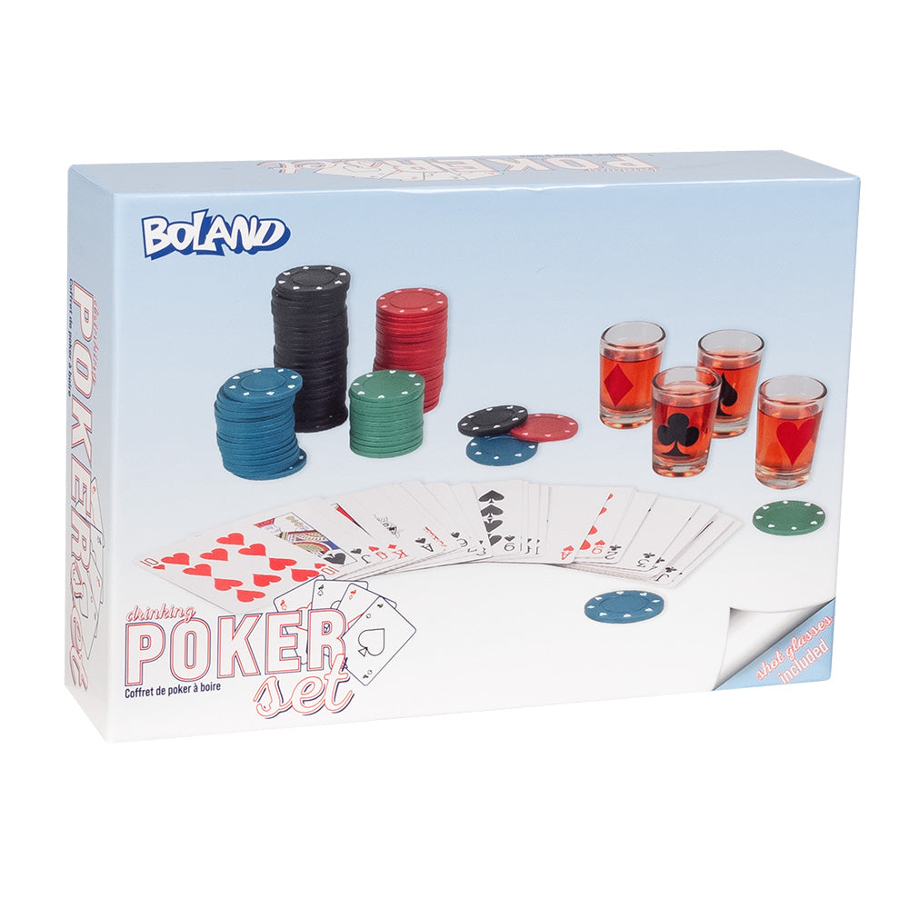 Drinking poker game set with 120 poker chips, a deck of cards, and four shot glasses, perfect for party games and entertaining.