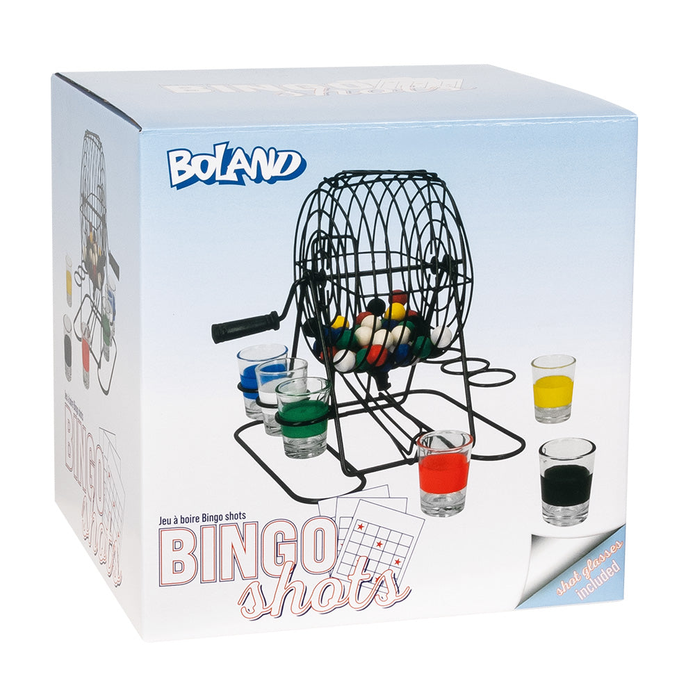 Bingo drinking game set with metal bingo wheel, 48 balls, and six shot glasses, perfect for party games and entertaining.