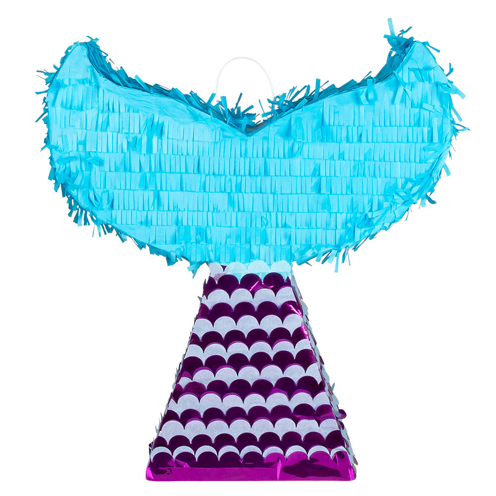 Mermaid tail piñata made of 100% paper, measuring 45 x 40 x 9 cm, perfect for birthday parties and mermaid-themed celebrations.