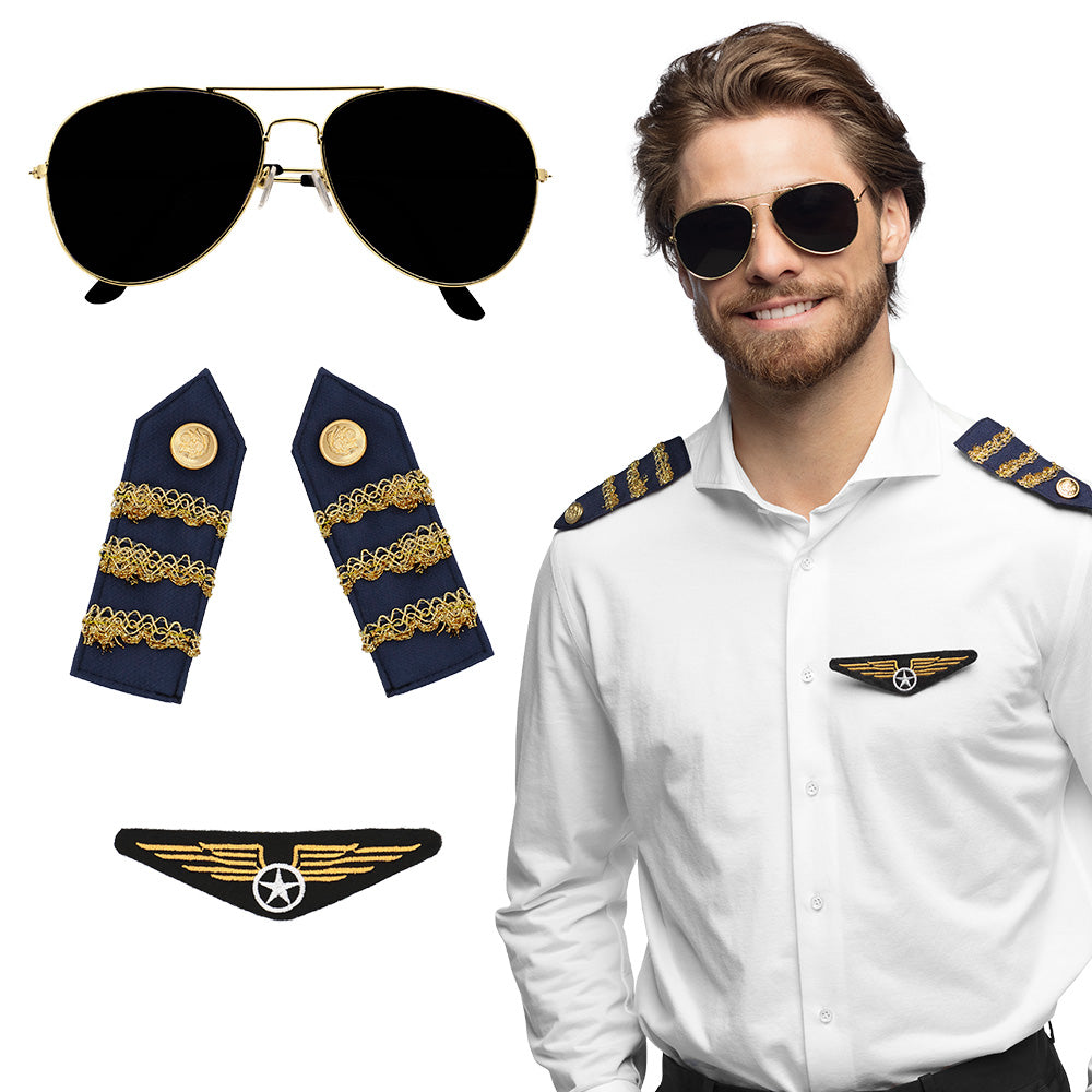 Pilot costume accessory set for adults featuring party glasses, badge, and epaulettes, ideal for aviation-themed events.