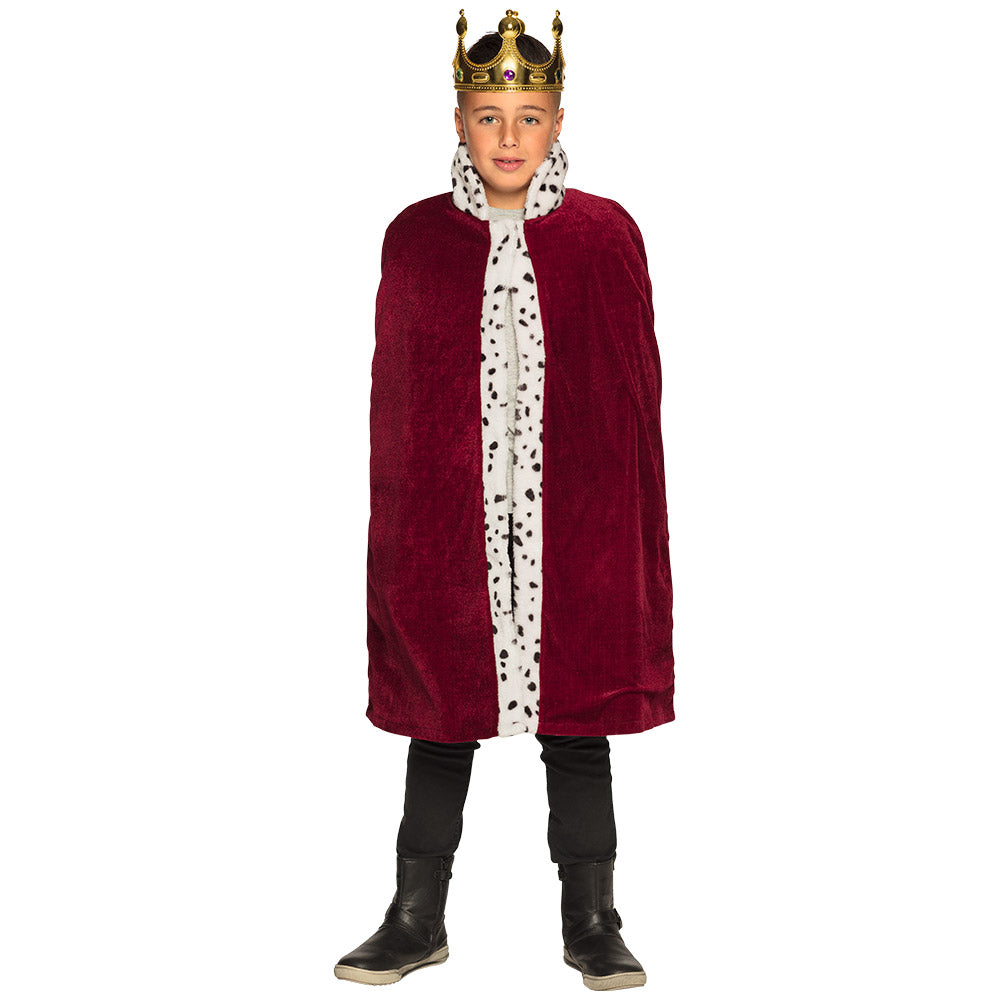 Children's royal king costume coat in burgundy, 90 cm, with collar and velcro closure, made of 100% polyester, suitable for boys and girls.