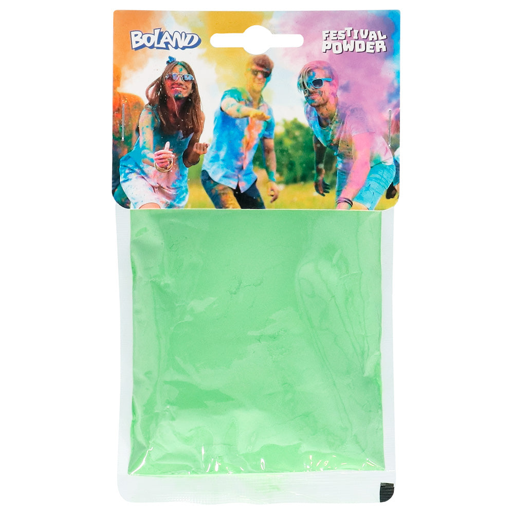 Green festival color powder 70g made from 100% corn starch, ideal for adults at parties, celebrations, and events.