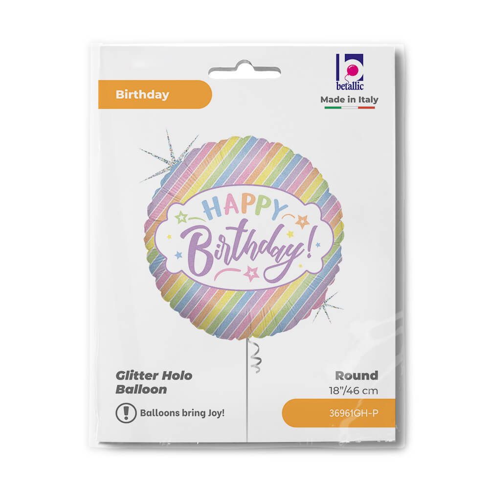 Ballon happy birthday rayé pastel - 14" - Gonflage Hélium en boutique