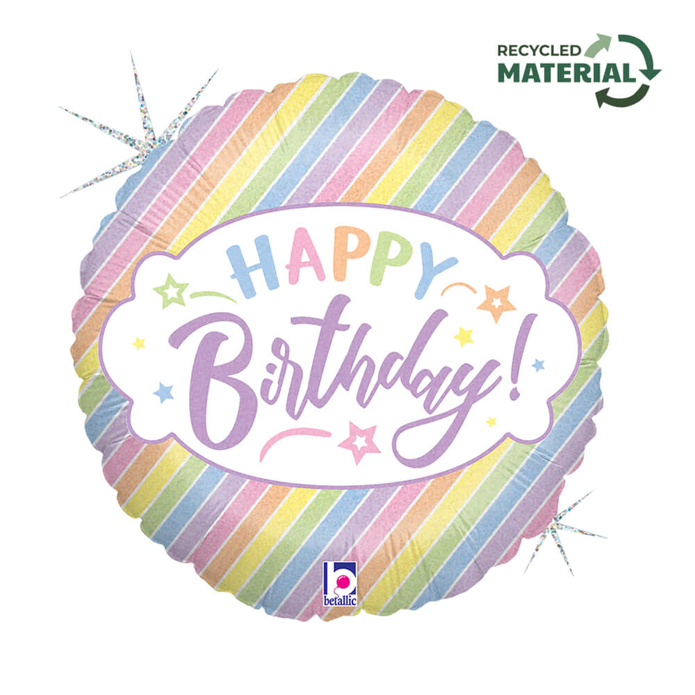 Ballon happy birthday rayé pastel - 14" - Gonflage Hélium en boutique