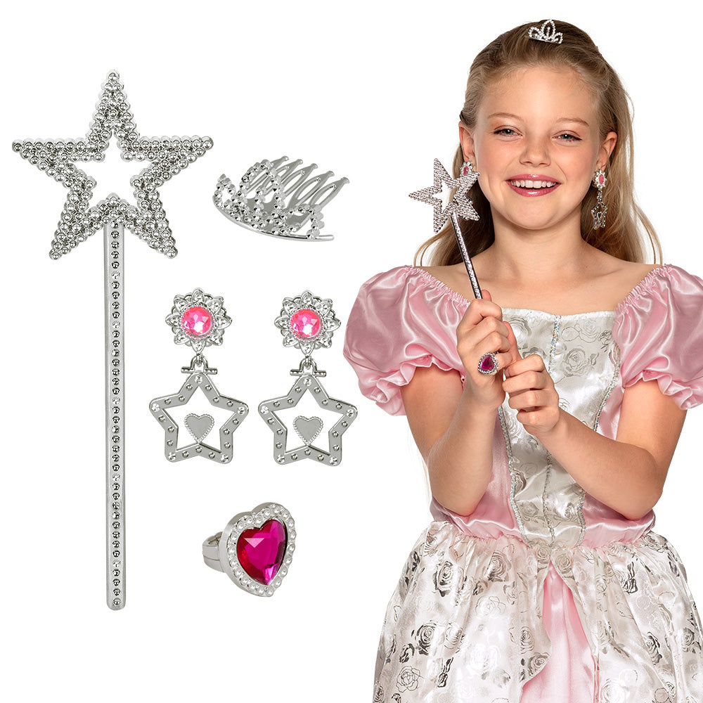 Princess accessory set for girls featuring hair accessory, two earrings, ring, and 21.5 cm magic wand, perfect for children’s royal and fairy tale dress-up.