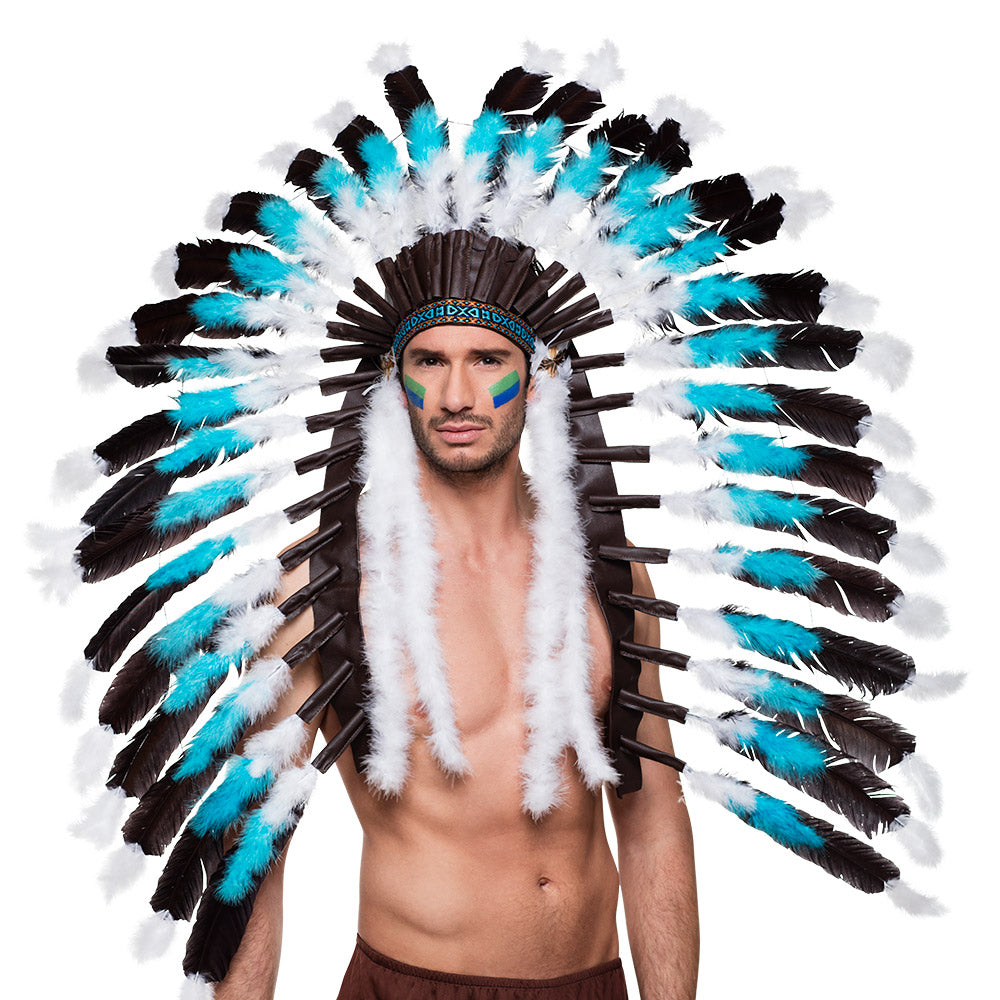 Snow wolf headdress for adults made with cock feathers, polyurethane, and polyester, ideal costume accessory for men and women.