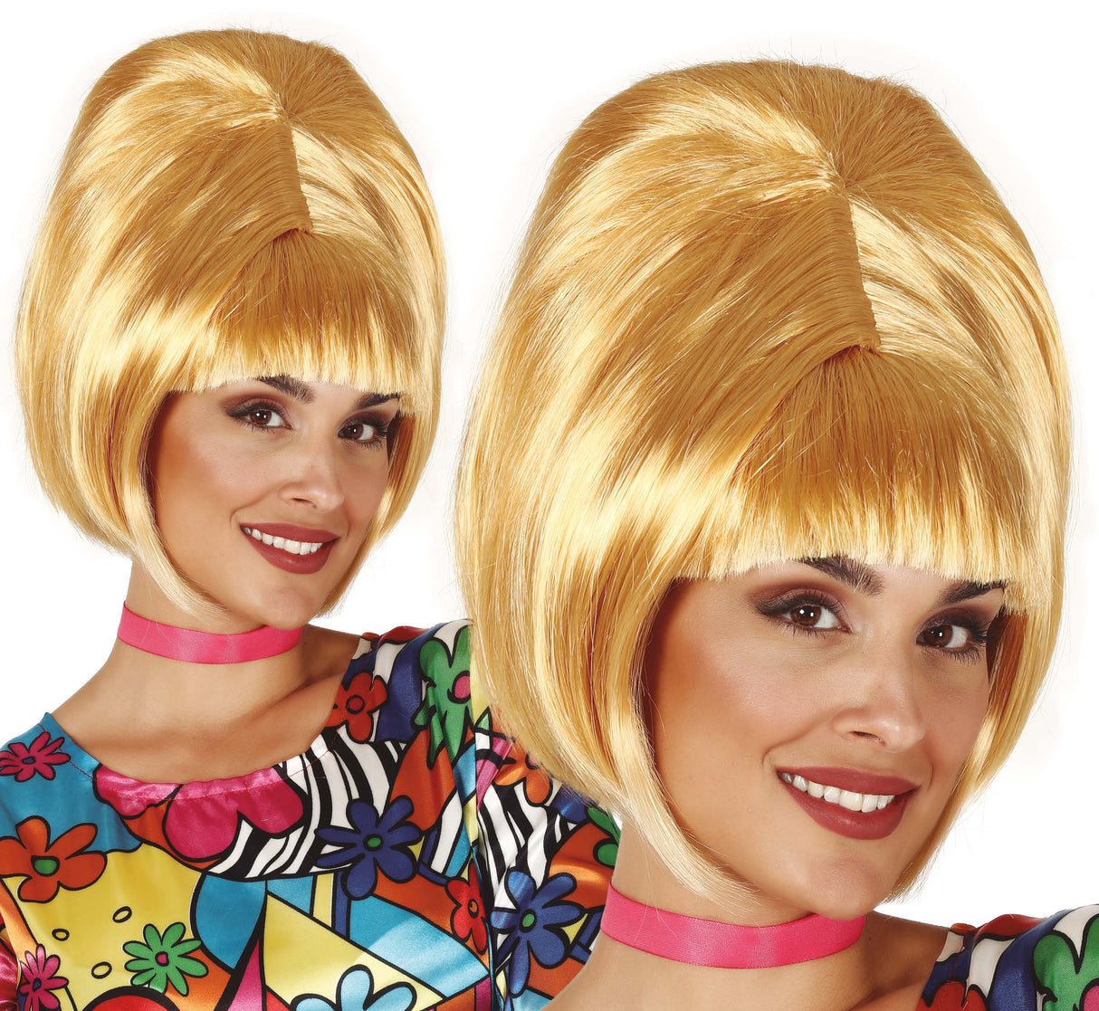 Blonde 1960s style synthetic hair wig in box, retro costume accessory for themed parties.