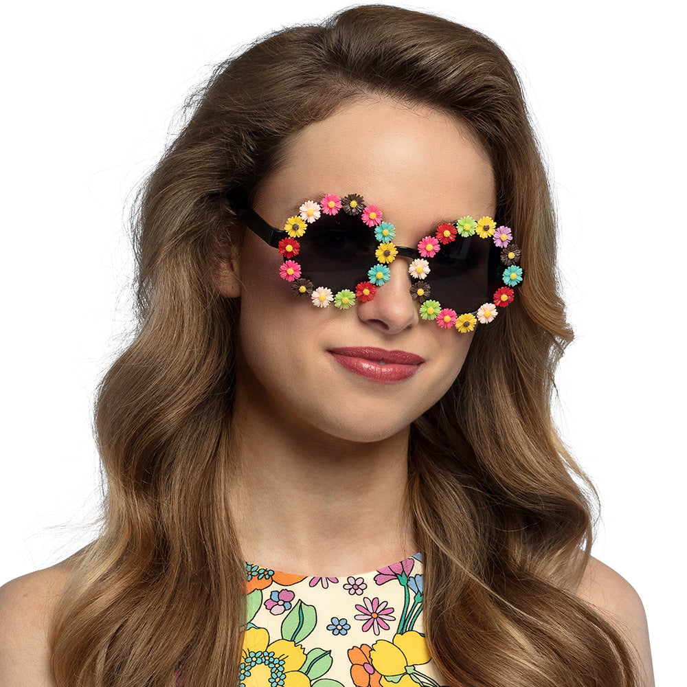 Colorful retro party sunglasses for women, 60s and 70s hippie festival style, multicolor polycarbonate and acrylic adult eyewear.