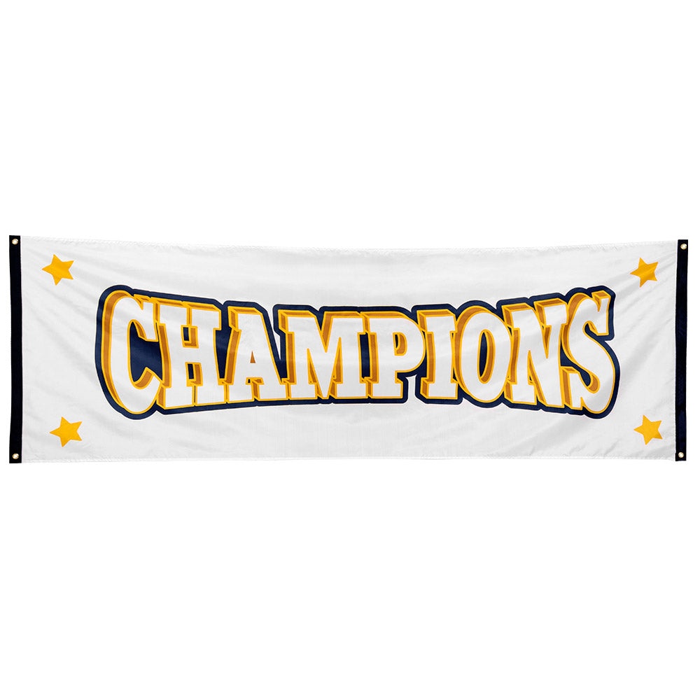 Polyester banner featuring Champions design, measuring 74 x 220 cm, made from 100% polyester, ideal for events or store displays.
