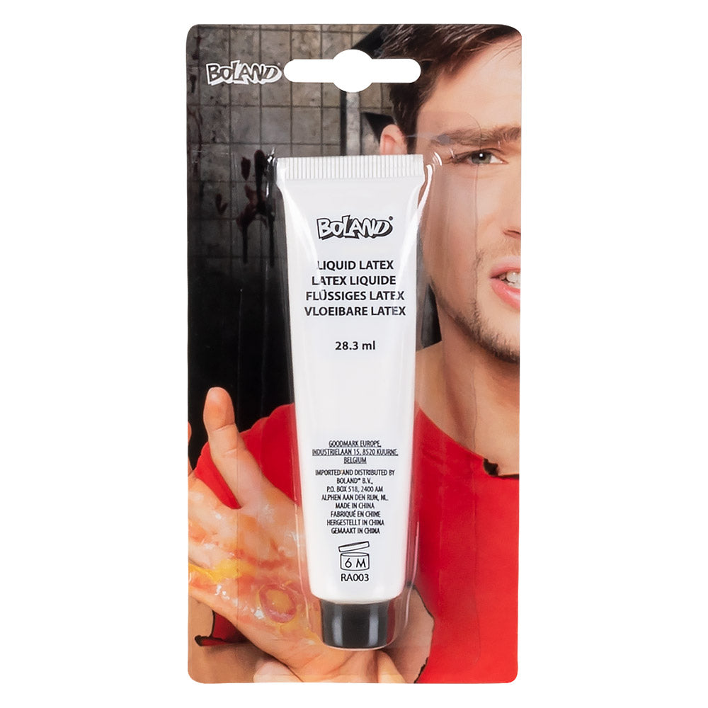 Liquid latex tube 28 ml for horror and Halloween makeup, packaged in a blister, ideal for special effects and costume applications.