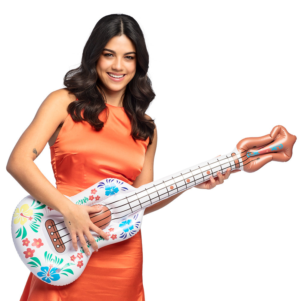 Inflatable Aloha guitar 104 cm made of durable PVC, perfect for Hawaiian themed parties and events for adults and children.