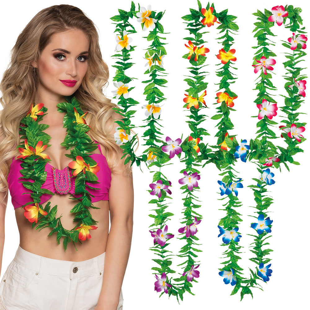 Hawaiian Lulani necklace assortment for adults, made of polyester and polyethylene, displayed on a hanging card, suitable for men and women.