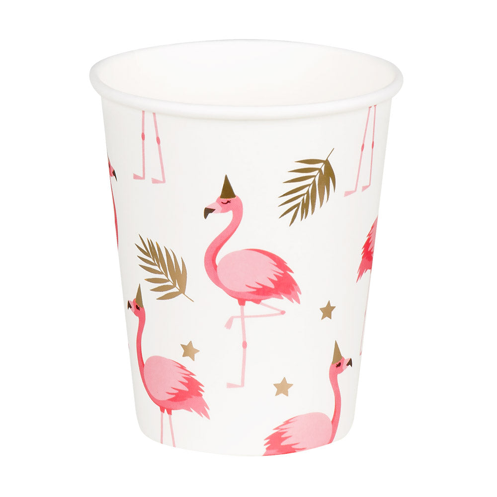 Set of 10 paper cups with pink flamingo design, 25 cl capacity, perfect for tropical or Hawaii-themed parties.