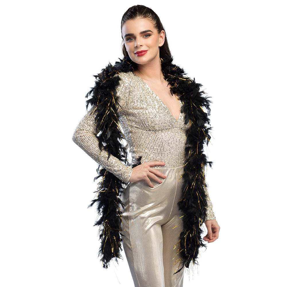 Black and gold glamour feather boa, 180 cm long, made from turkey feathers, ideal costume accessory for adults.