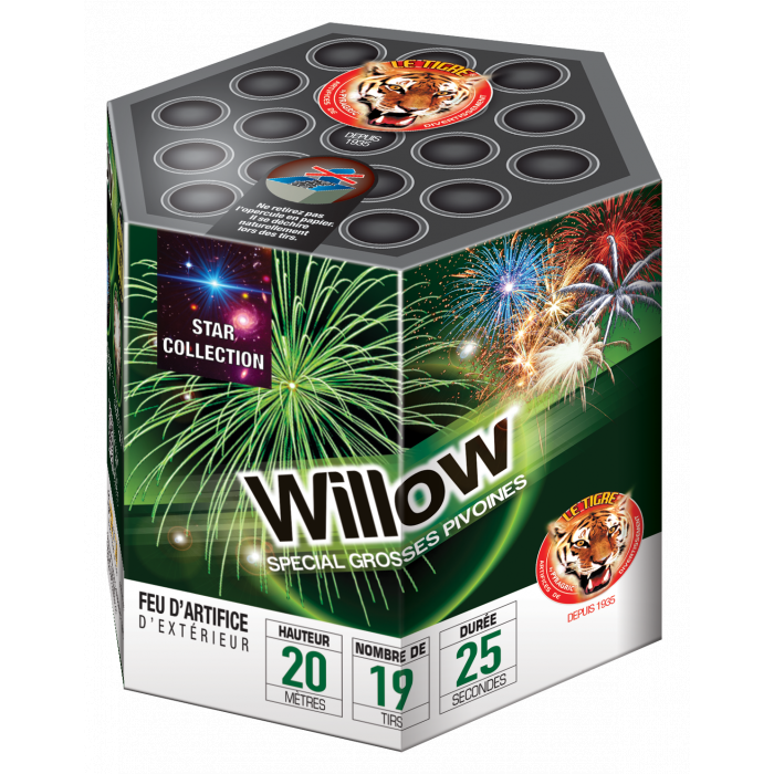 Feu d'artifice compact 19 coups calibre 20 mm, grosses pivoines colorées et bouquet final en pluie crépitante dorée, effets jusqu'à 20 m, spectacle pyrotechnique F2 pour fêtes et célébrations