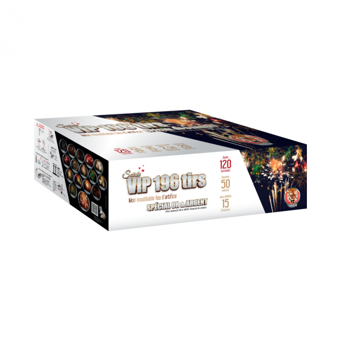 Feu d'artifice SOIREE V.I.P 196 aux effets dorés et argentés, comètes et chrysanthèmes avec pointes de couleur rouge, pourpre, bleue ou verte, alternant clignotants, pluie crépitante et grands palmiers pour un spectacle pyrotechnique puissant, sonore et royal.