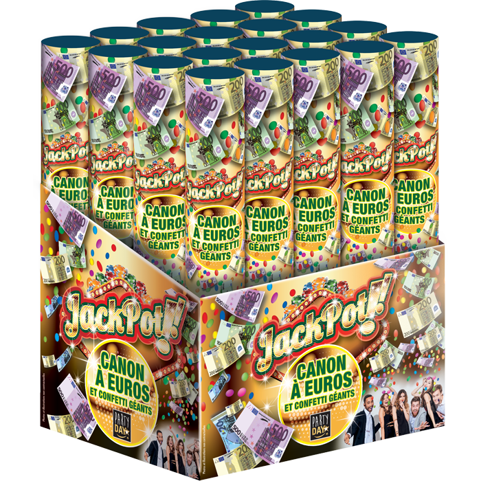 30cm compressed-air Jackpot confetti cannon releasing multicolored confetti and realistic-looking faux euro banknotes for parties and events