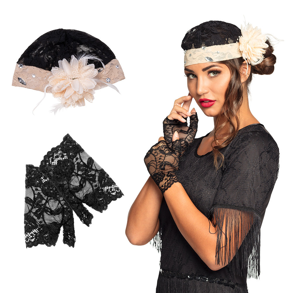 Charleston flapper accessory set for women featuring a vintage-style bonnet and two gloves, ideal for 1920s costume parties, made of polyester, acrylic, and cock feathers.