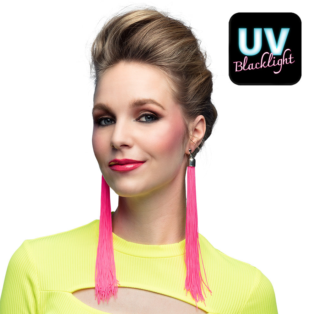 Neon pink UV festival earrings for women, 20 cm long, made of polyester and iron, clip-on style, perfect for adult festival jewelry.