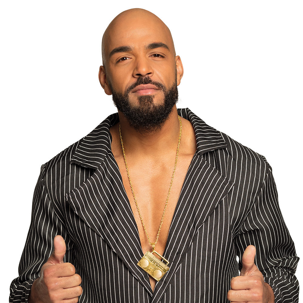 Gold 90s old school ghetto blaster necklace made of zinc alloy and iron, hip hop jewelry for men and women, adult fashion accessory.